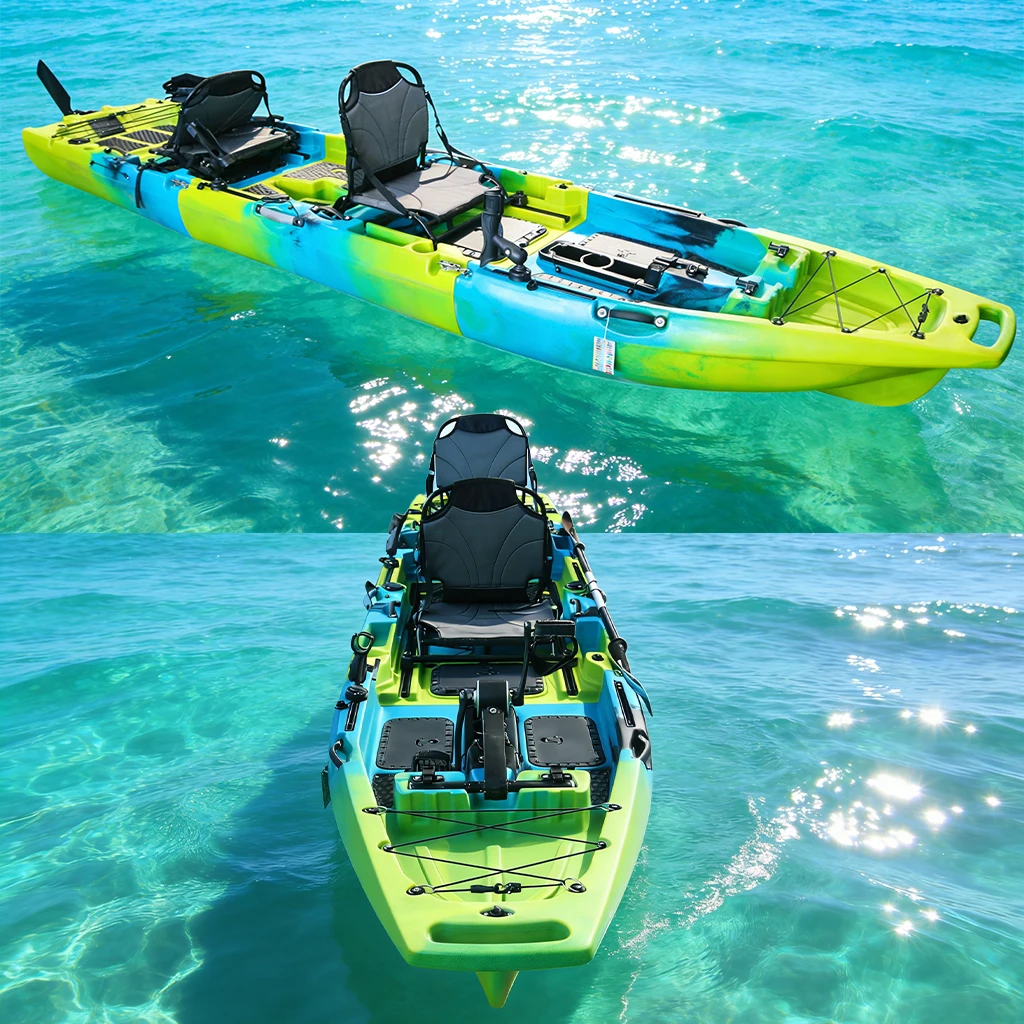Vicking 14ft 4m 2-Person 3 Piece Pedal Drive Folding Modular Fishing Electric Kayak HDPE Material Ocean Rivers Pc