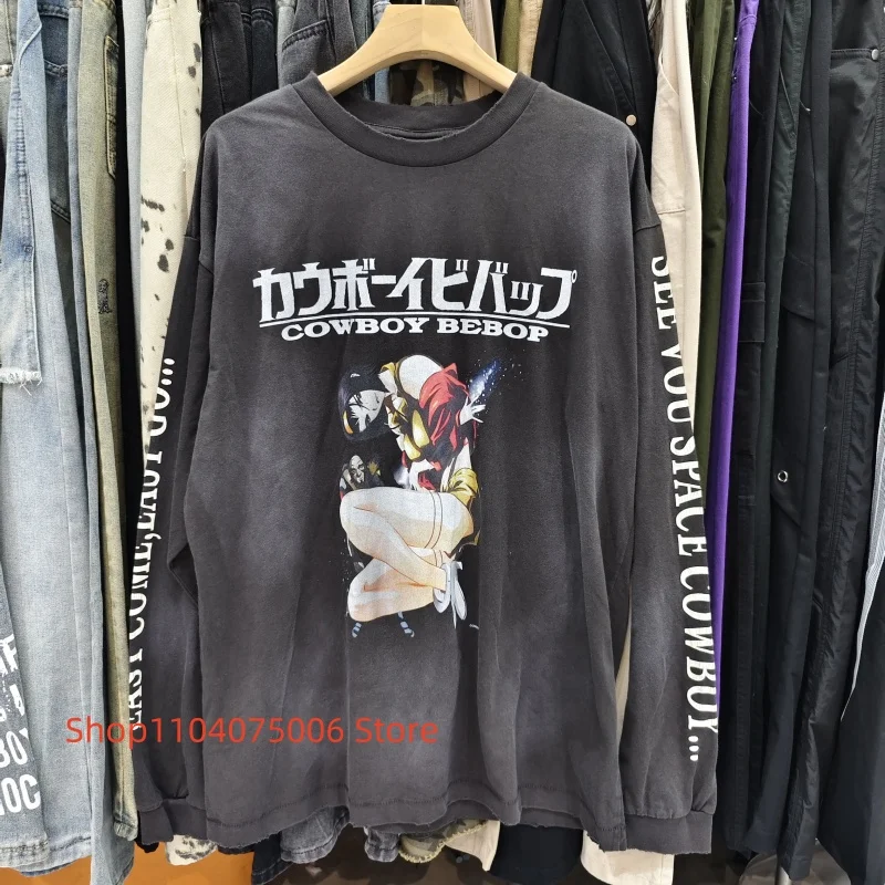 Men's Saint Retro Washed Long Sleeve T-Shirt Anime Print Streetwear Loose Fit Casual Round Neck Vintage Style Daily Top