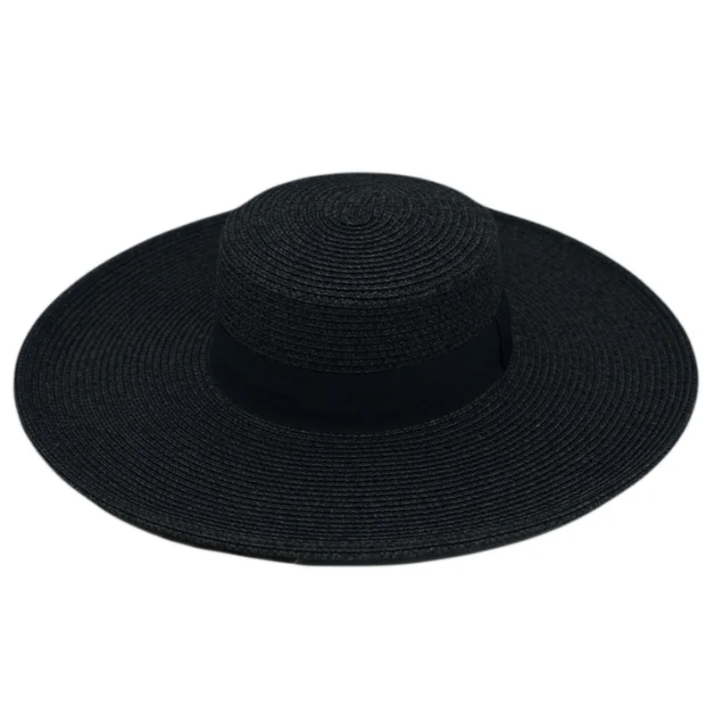 French Black Large Brim Top Hat  Female Summer Shade Resort Beach Sun Straw Hat Black Panama