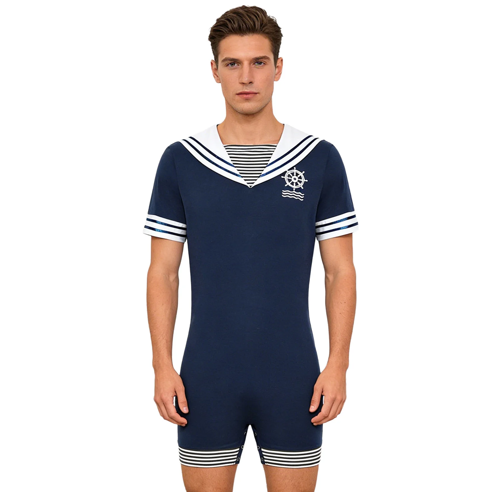 

Men Sailor Style Pajamas Bodysuit Navy Collar Short Sleeve Button Crotch Print Romper Jumpsuit for Lounging Sleeping Home Wear