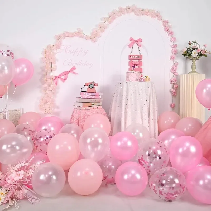 60 paquetes de 12 pulgadas para decoraciones de fiesta de cumpleaños, globos de boda para niñas y mujeres, rosa claro y blanco con globo de confeti