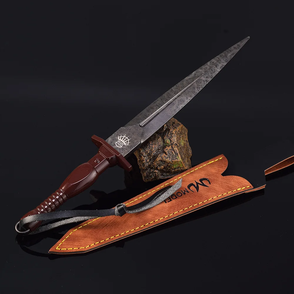 22cm Damascus Assault Dagger Medieval Weapon Model Sword All Metal with Holster Steel-grained Home Ornament Collections Gift Toy