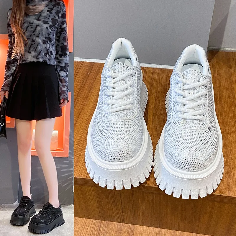 

Женские кроссовки на платформе со шнуровкой и стразами, роскошная повседневная обувь 7 см, женское платье для отдыха, модельер Zapatillas De Mujer