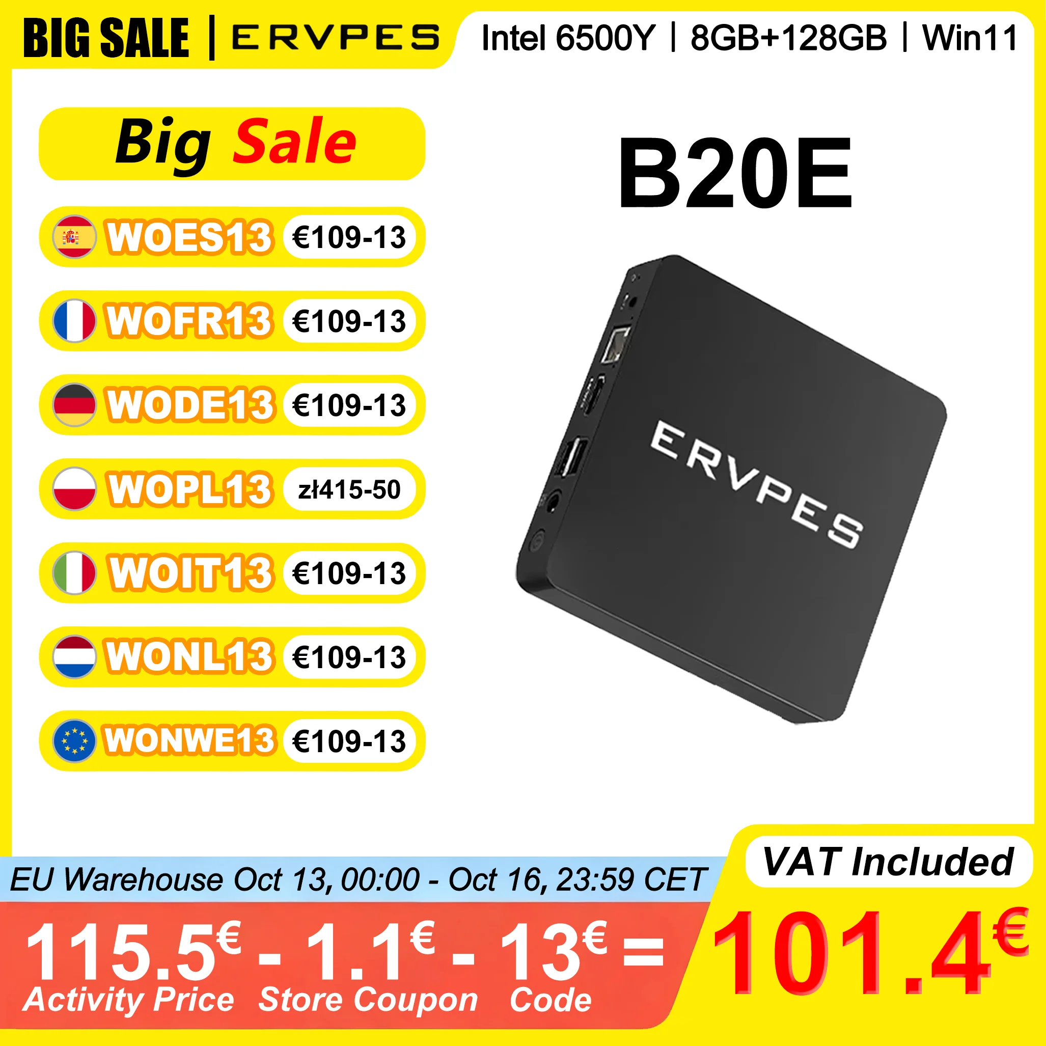 Ervpes B20E Mini-PC 8GB RAM 128GB SSD Intel 6500Y Windows 11 BT5.0 Apollo Lake Desktop-Mikrocomputer Dual-Band WLAN HDMI