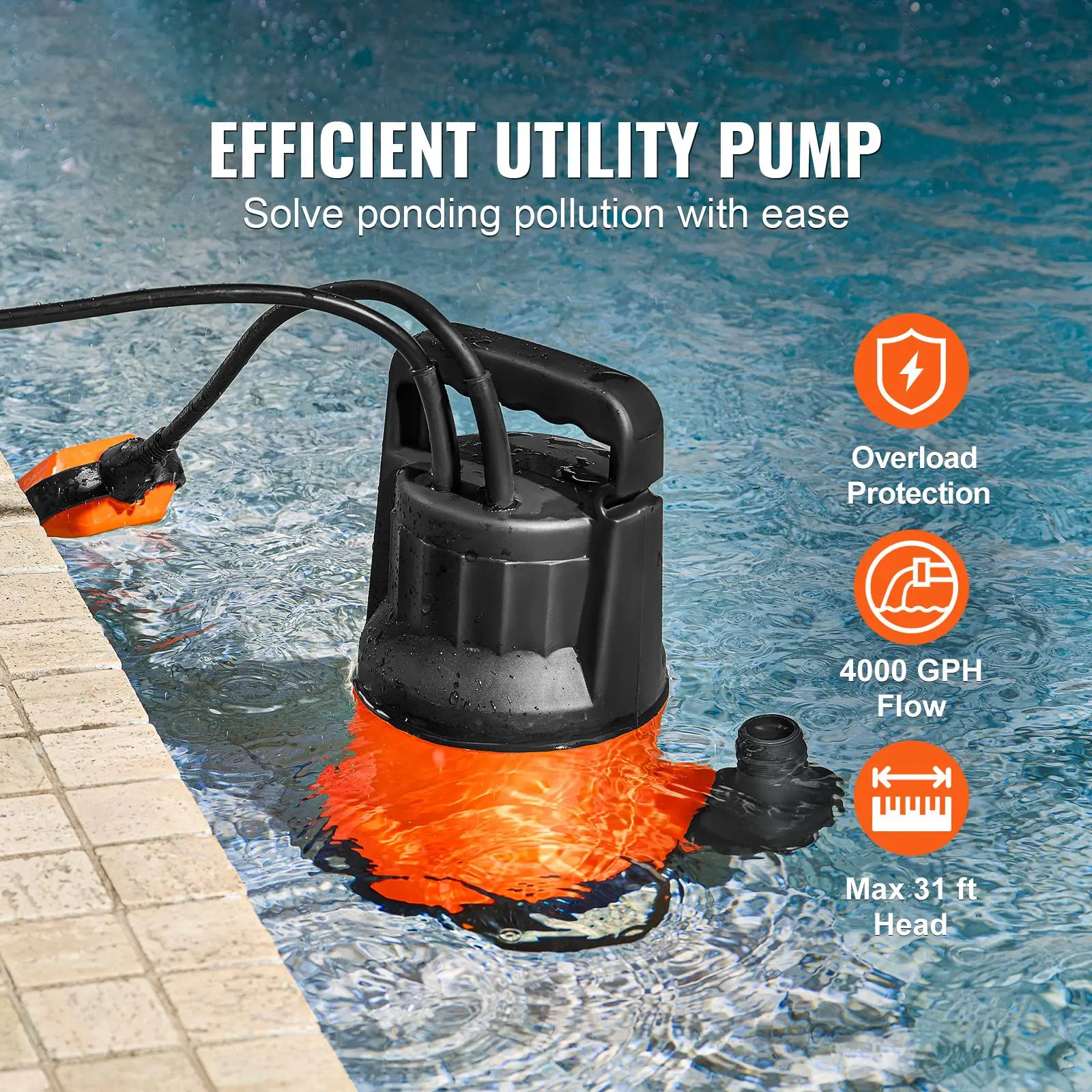 Utility Pump, 1 HP, 4000 GPH High Flow, 31 ft Head, Sump Pump Submersible Water Pump Portable Utility Pump with 10 ft Long Power