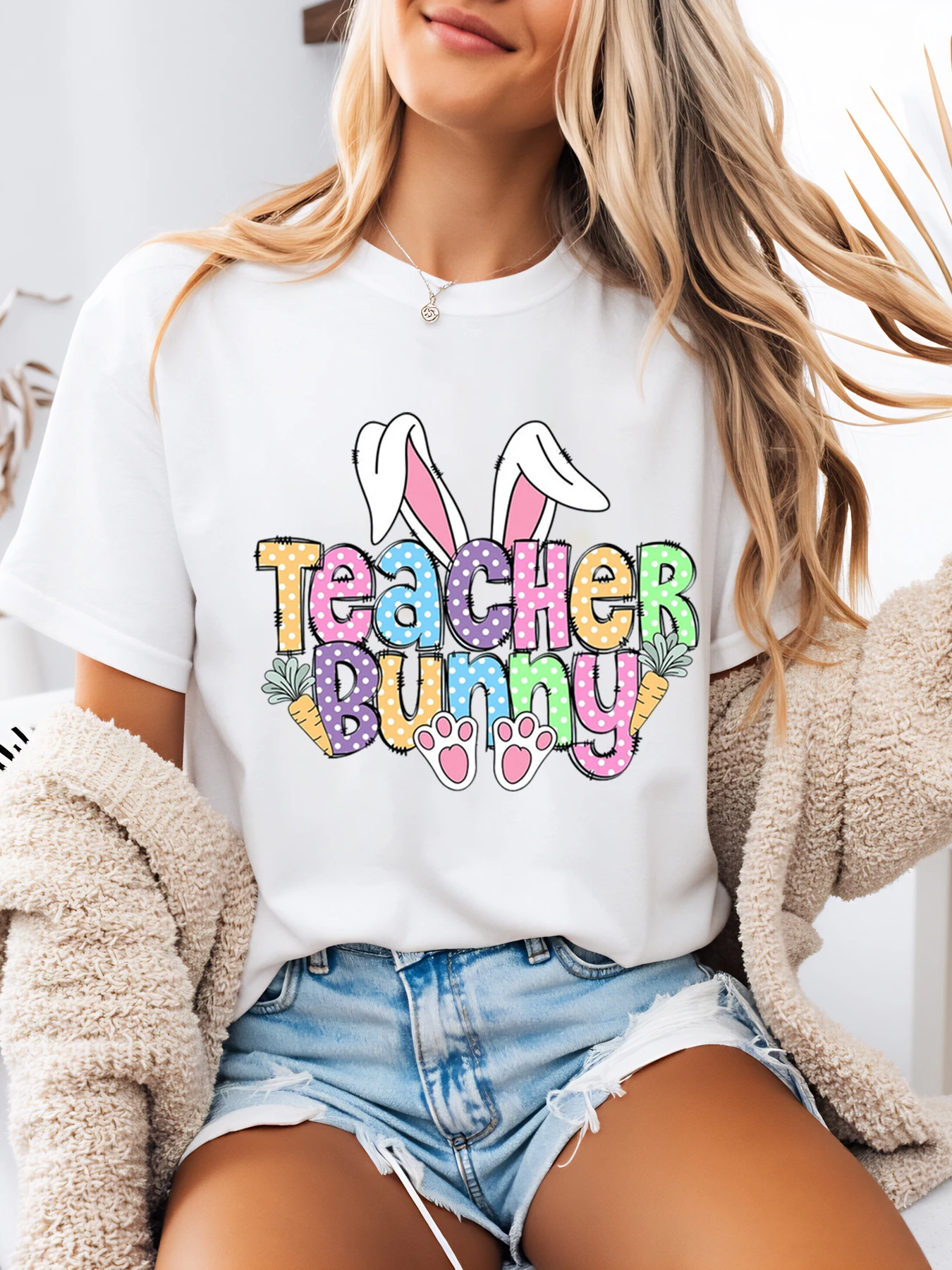 

Teacher Bunny Easter Print T-Shirt Women Casual Spring Outfit Plus-Size