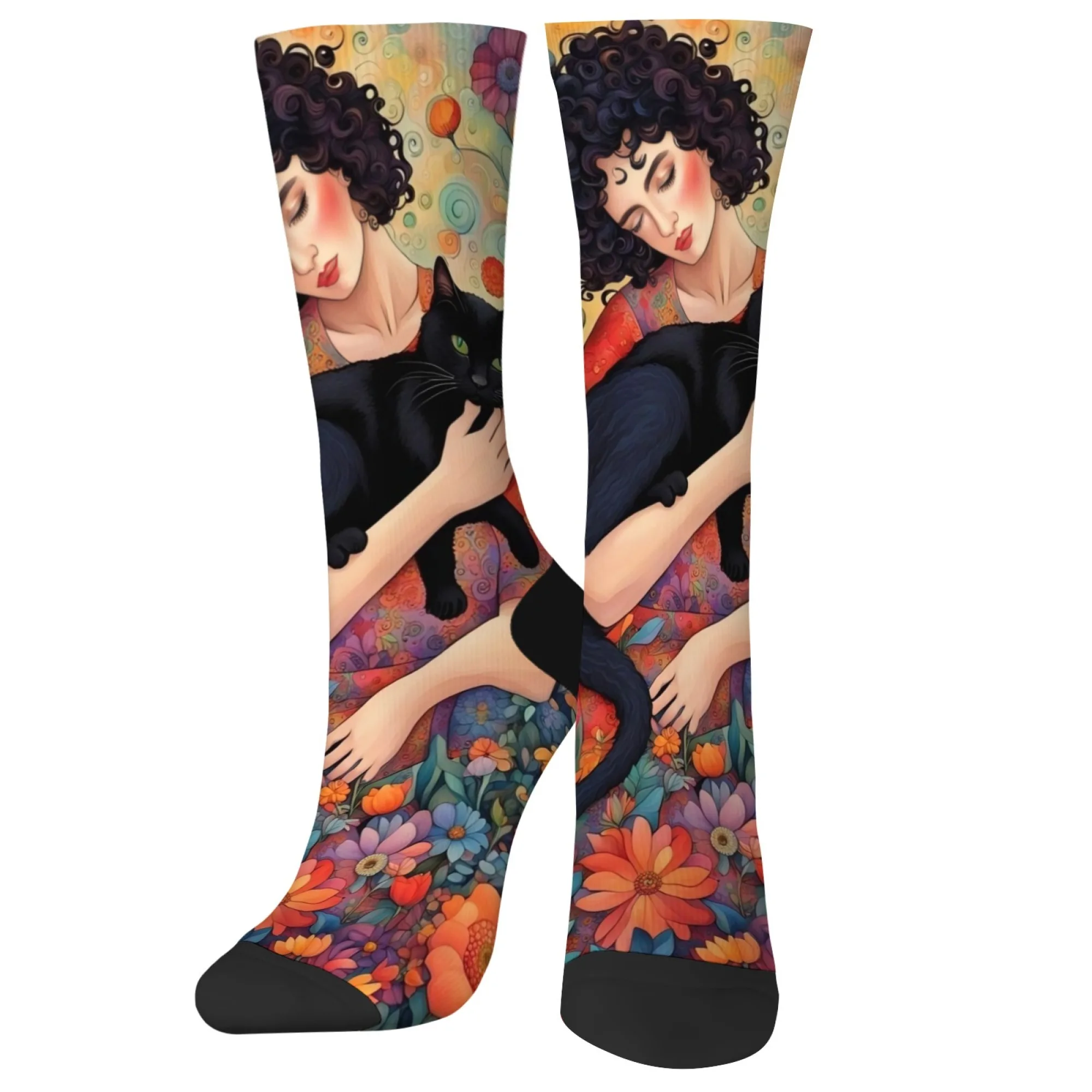 Lässige Mode Sportsocken Kunst Damen Schwarzer Katzendruck Böhmischer Stil Neuheit Glücklich Lustige Socken Unisex Atmungsaktive rutschfeste Socken