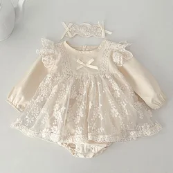 2024 New Spring Newborn Baby Girls Bodysuits+Hair band Long Sleeved Cotton Embroidery Lace Splicing Infant Baby Girls Jumpsuit