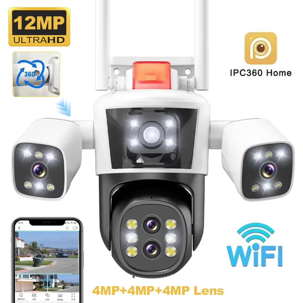 6K 12MP Outdoor WiFi Wireless IP Camera 3 Lens 3 Screens PTZ Auto Tracking Home Security Protection CCTV Video IPC360 Home