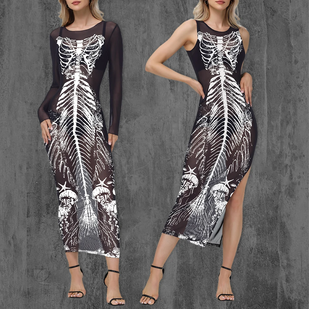 Sexy Body Dress Lace Mesh See Through Party Slim Dresses Skeleton Printed Black Split Skirt Long Sleeve Dresses Women Outfits