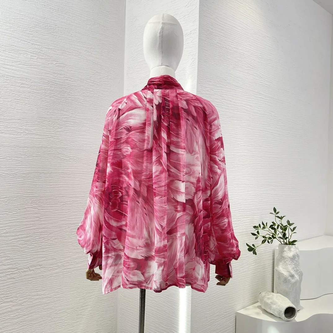 Women Rose Red Flowers Print Long Sleeve Stand Collar Blouse Tops Beach Style for Holiday 2024 Summer Fall New