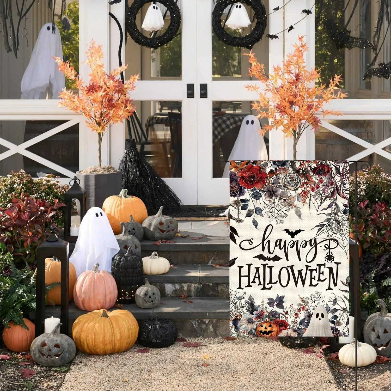 AVOIN colorlife Floral Happy Halloween Garden Flag 12x18 Inch Double Sided Outside, Flowers Jack-o;-lantern Ghost Yard Outdoor D