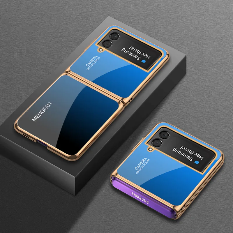 Vintage Blue Gradient Glass Case for Samsung Z Flip4 Case Flip3 Elegant Plating Shockproof Shell for Galaxy Z Flip 3 Case