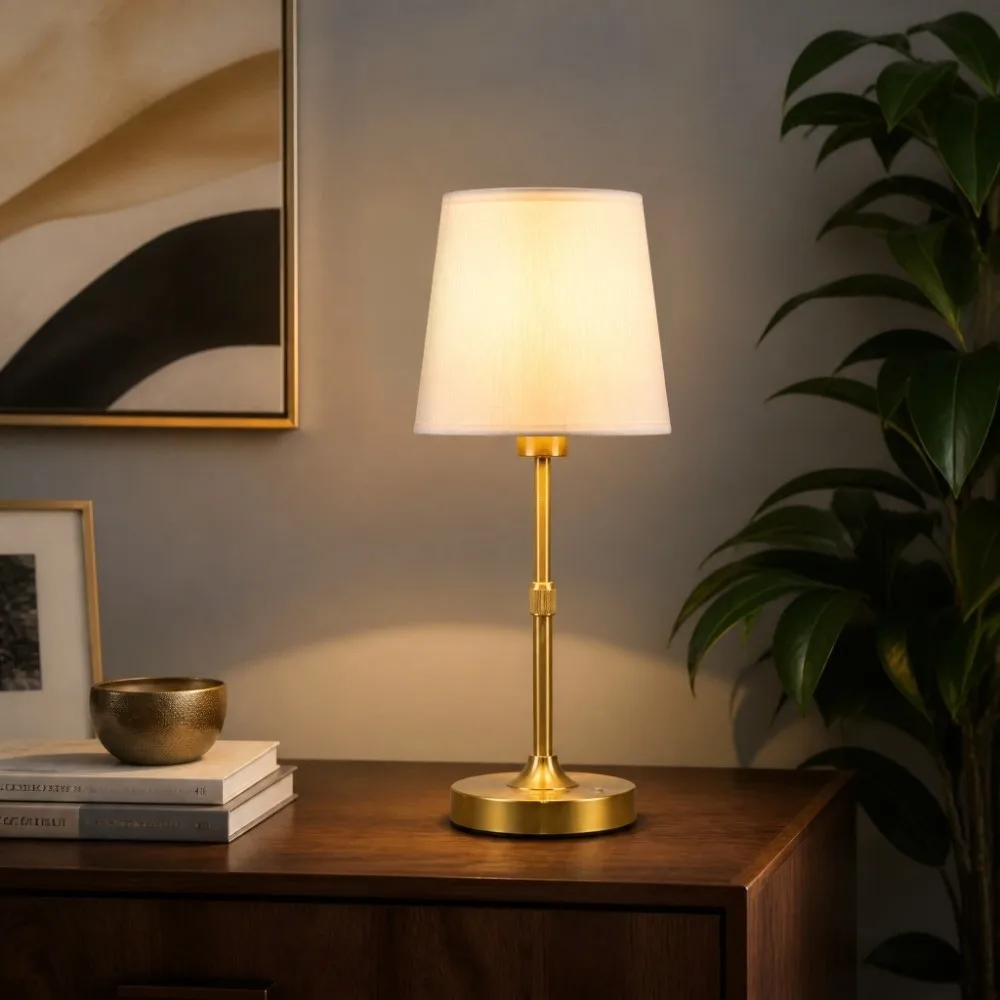 Ideal Fabric Touch Table Lamp Metal 3-Level Dimmable Rechargeable Table Lamp Gold Pleated Shade Cordless Table Lamp Living Room