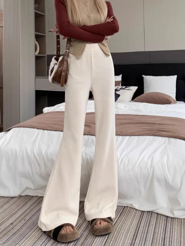 Solid Corduroy Flare Pants Women Drape Slender Slimming Elastic Waist Designed Korean Fashion Retro Leisure Daily All-match Soft