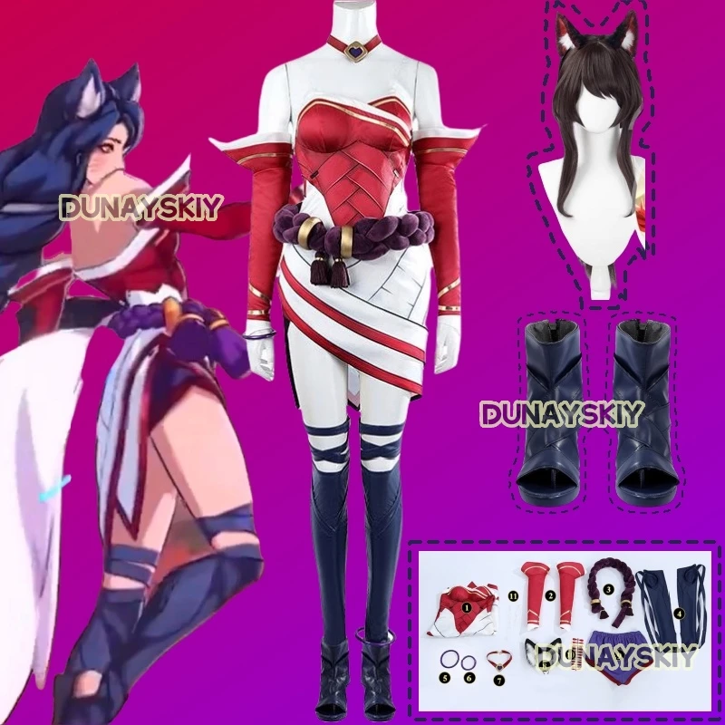 Game LOL 2XKO Ahri Cosplay Kostuum Rode Ahri Jurk Hoofddeksels Outfit Halloween Kerstmis Nieuwjaar Vrouw Anime Pak Aangepast formaat