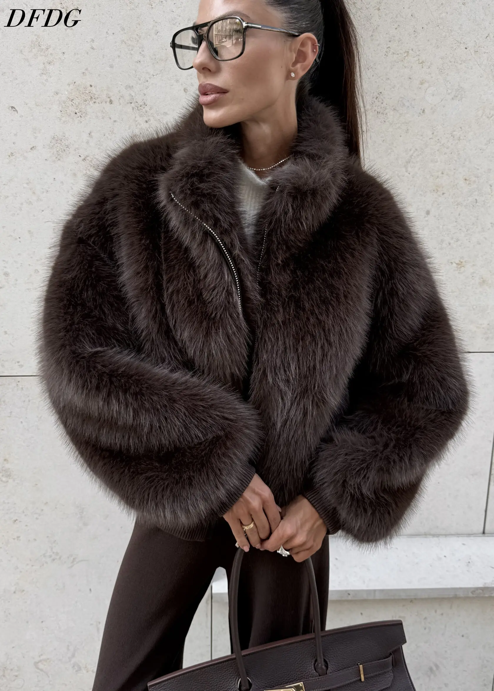DFDG Women 2026 Plush Fluffy Faux Fur Zip‑Up Short Jacket Stand Collar Oversized Thick Warm Daily Winter Street Outerwear Fur