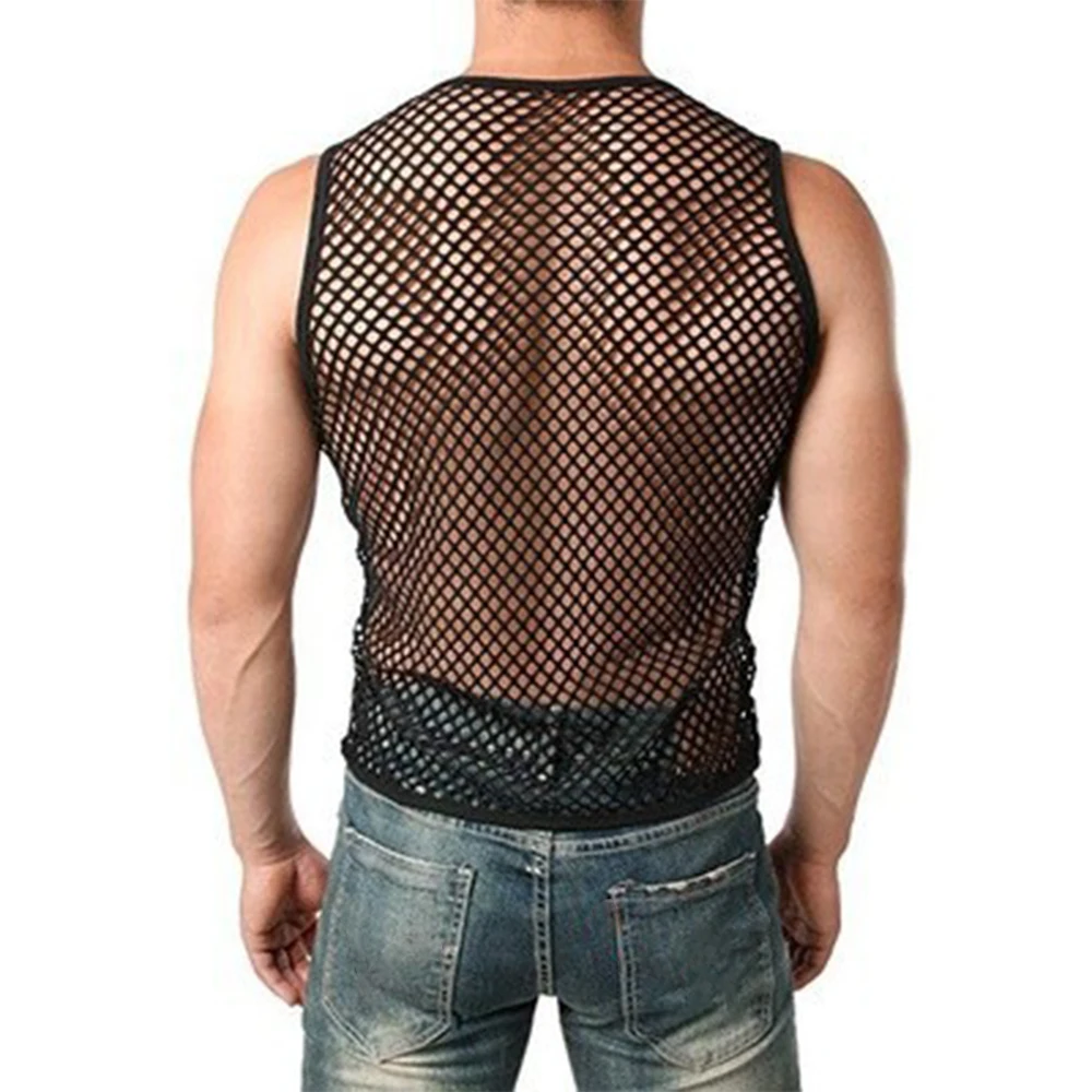 Mens Sexy Tank Top Transparent Mesh Undershirt Fishnet Vest String Sleeveless Shirts Male See Through Night Clubwear Slim Sport