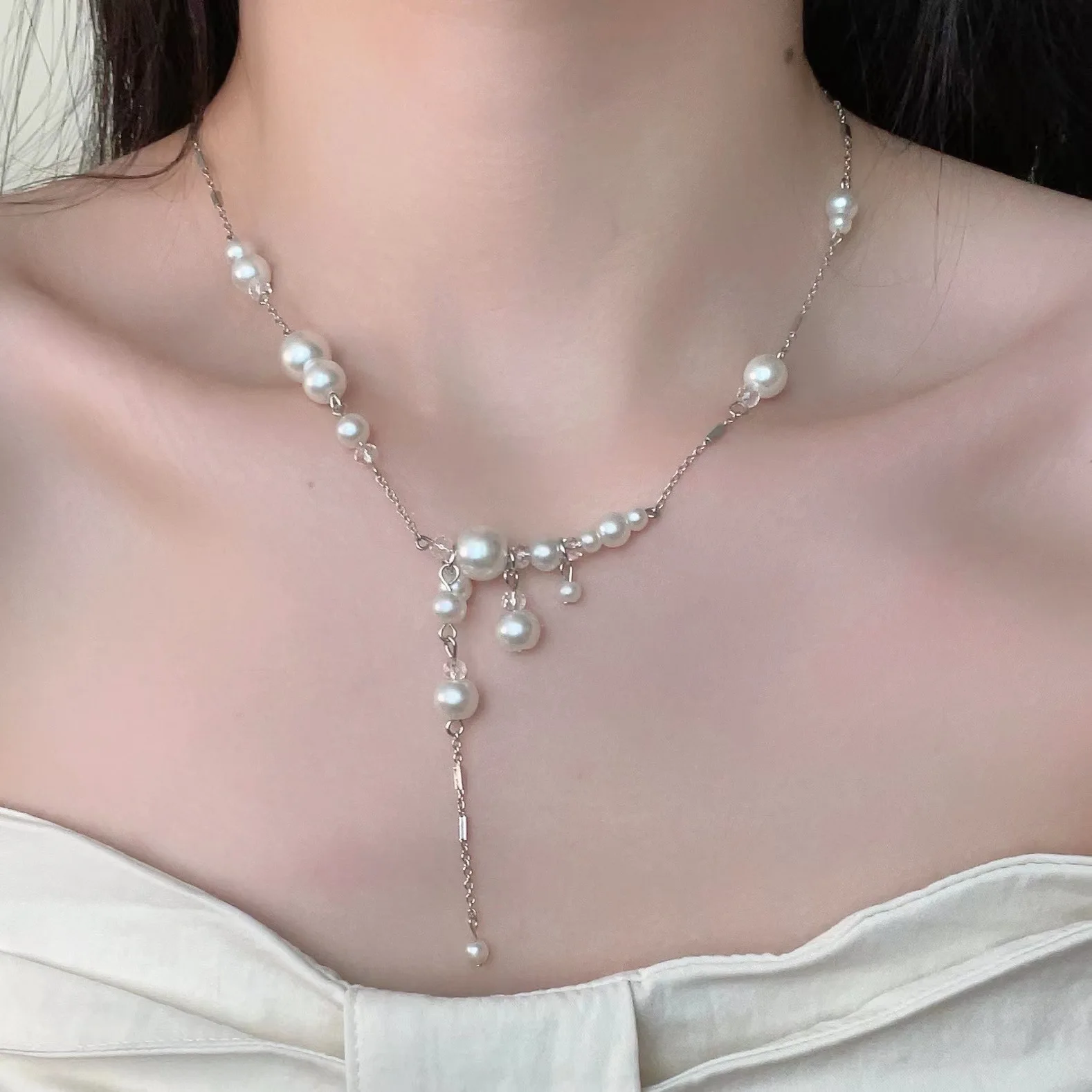 

DUTRIEUX Elegant Baroque Necklace Imitation Pearl Chain Goth Star Long Tassels Pendant Choker Spicy Girl Neckchain Y2K Jewelry