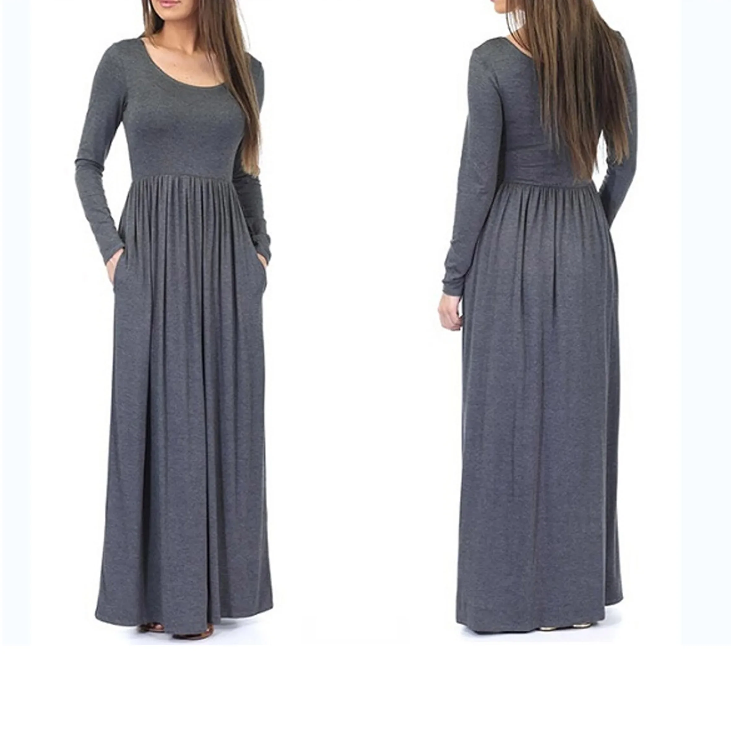 Donsignet Woman Dress Spring Autumn Casual Elegant Long-sleeved Round Neck Floor-Length Dresses for Women