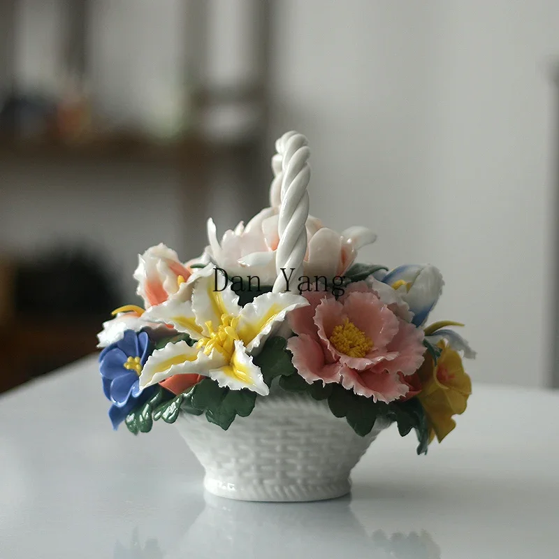 YJ portable ceramic handmade bionic porcelain flower simulation ornament small ornament creative flower basket gift