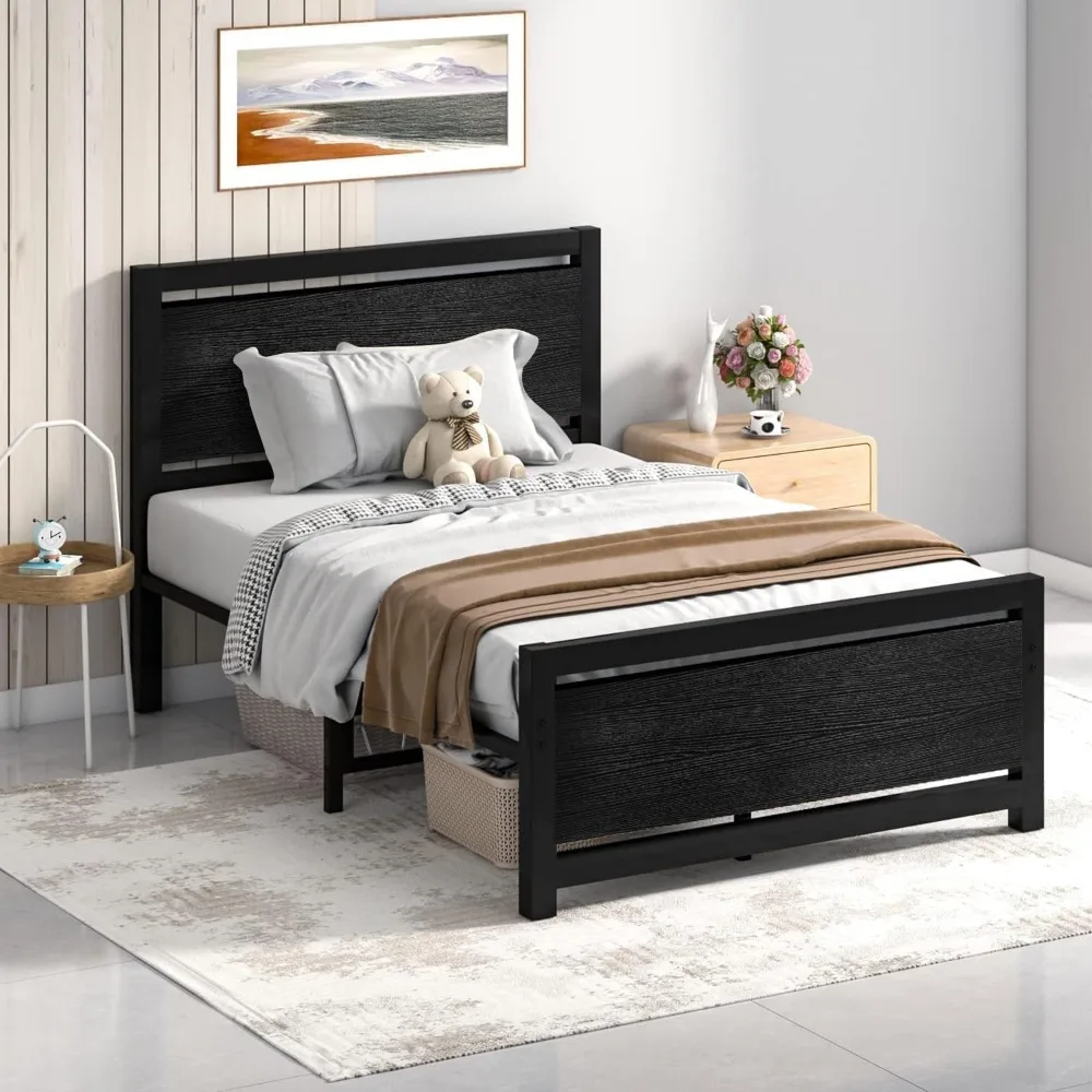 

Bed Frames with Headboard, Metal Twin Size Bed Frame with Strong Steel Slat Support, Heavy Duty Platform Bed, Under Bed Storage
