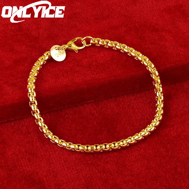 

24K Gold Bracelet For Women Man 4mm Round Box Chain Lady Charms Wedding Engagement Party Classic Fashion Jewelry Wholesale