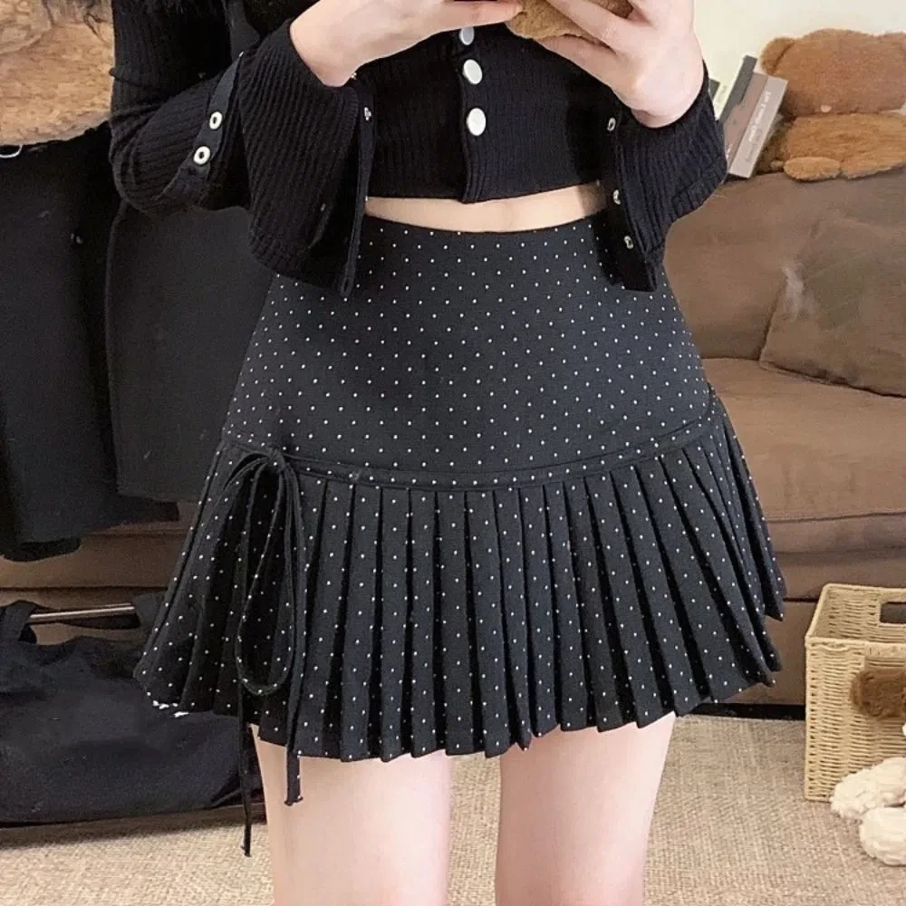 

Sweet Pleated Skirts for Women Bowknot High Waist Dot Mini Skirt with Safety Pants Preppy Style A-line Short Skirts Party