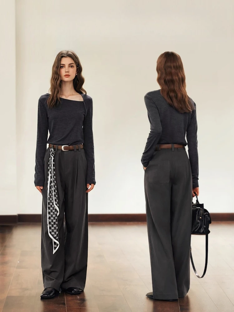 OLrain Women Elegant Tees 2025 New Autumn Solid Slim Fit Long-sleeved T-shirts Commute Asymmetrical Neck Female Tops O57QT95638