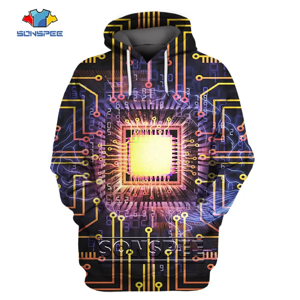 

SONSPEE 3D Printed CPU Processor Pattern Hoodie Men Women Circuit Board Diagram Clothing Harajuku Graphic CPU Long Sleeve Tops