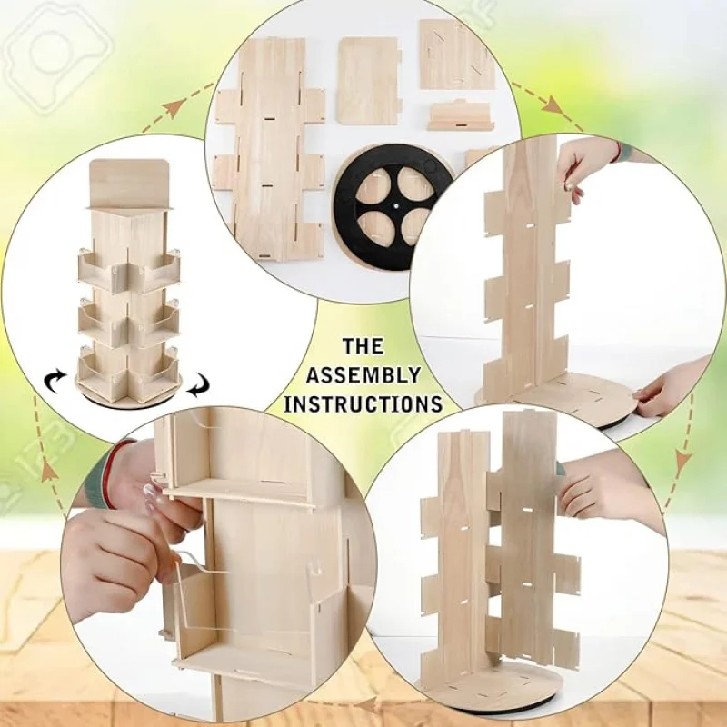 custom.3 Tier Rotating Wooden Display Stand Multi Pocket Greeting Card Sticker Photo Holder Retail Store Showcase