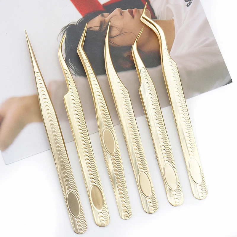 1 Stück Edelstahl Wimpern pinzette Augenbrauen clip Gold Dekor anti statische Wimpern Pinzette Wimpern verlängerung liefert Make-up-Tool – Detail 4