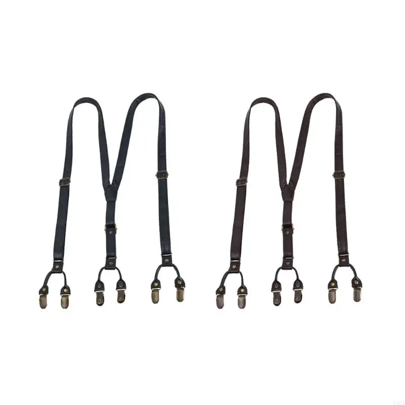 

Y88A Eye Catching Retro Suspenders 6 Nonslip Clips Men Prom Wear PU Leather Accessory