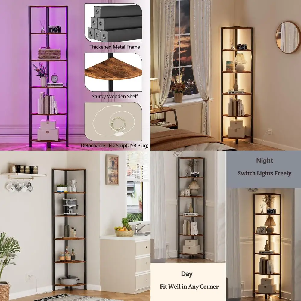 

6-уровневая угловая полка со светодиодной подсветкой, высота 67,5, компактное настенное хранилище для дома, конструкция из металла и дерева