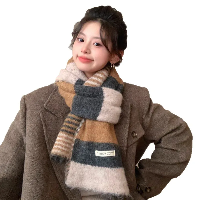 

New Aesthetic Color Block Scarf Women Men Winter Fake Cashmere Thick Warm Knitted Wrap Plush Soft Hijab Fashionable Neck Warmer