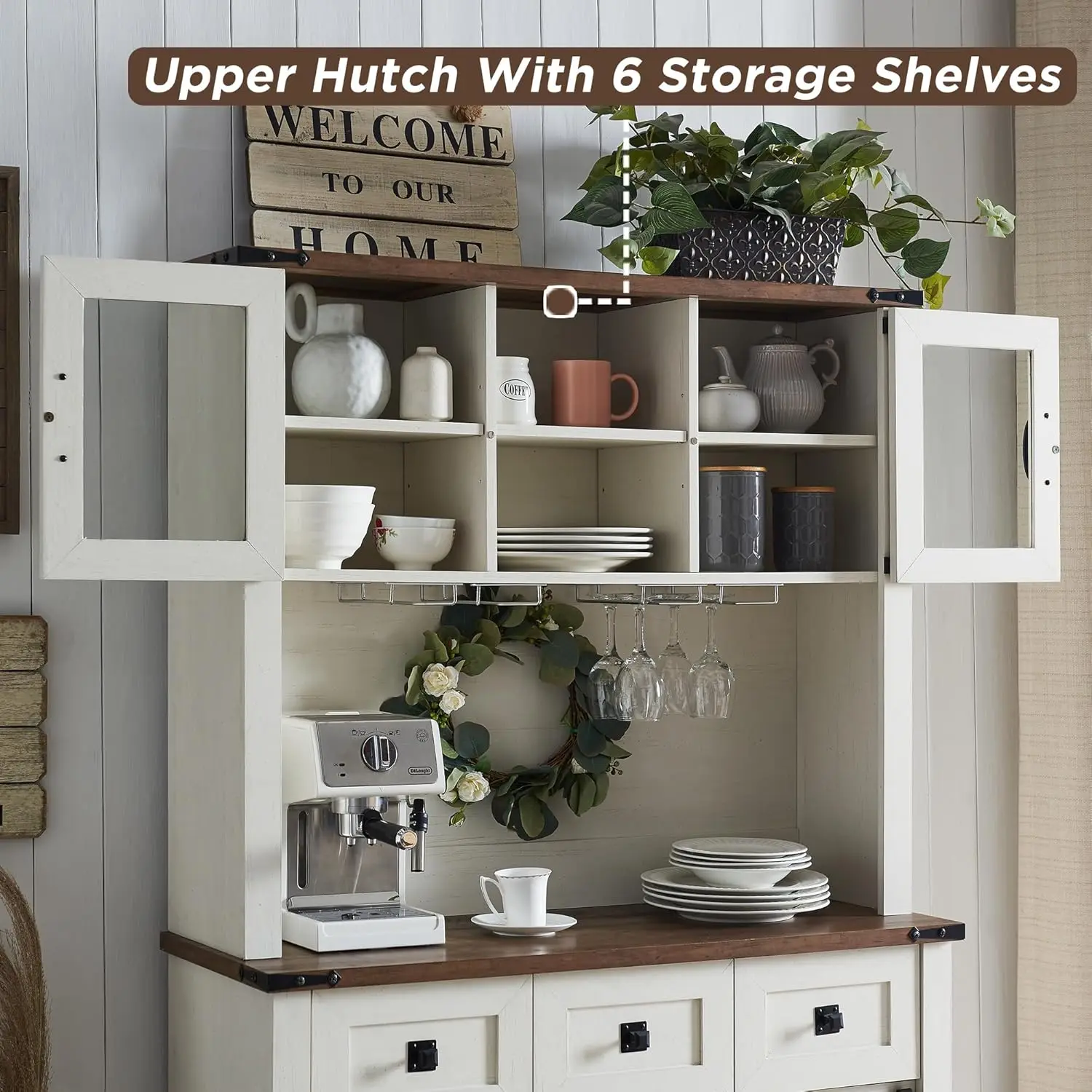 72인치 팜하우스 바 캐비닛 슬라이딩 바른 도어 포함, 와인 및 유리잔 랙이 있는 대형 주방 뷔페, 3개의 서랍, 무료 배송