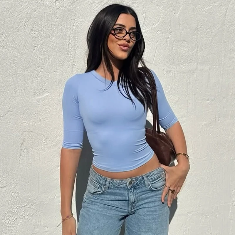 Hugcitar Damenmode V-Ausschnitt Einfarbiges Langarm Sexy Slim Crop T-Shirt Top Herbst Casual Outfit Streetwear Party T-Shirts – Detail 15