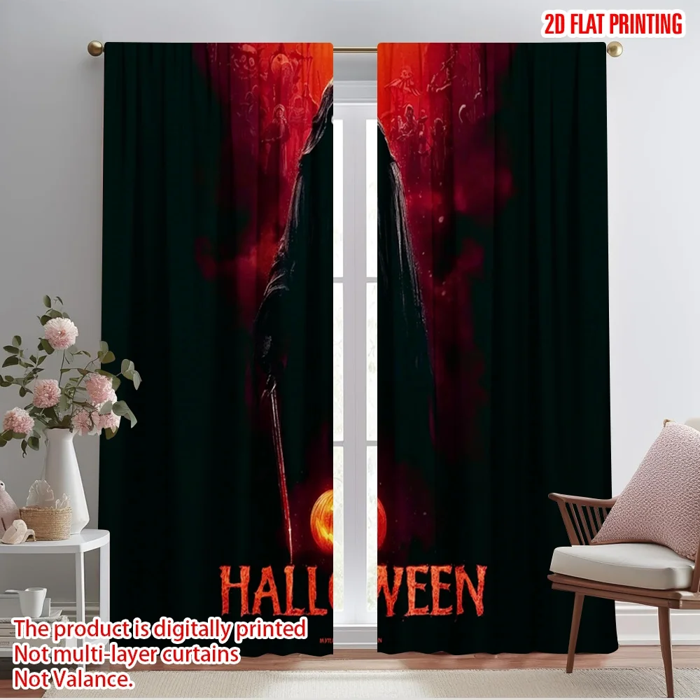 2pcs,2D plane printing Curtains Digital Printed Spooky Skeleton & Pumpkin Versatile Polyester (without rod) Decorations For Home