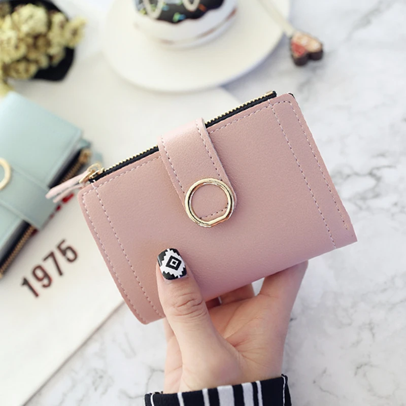 Fashion Short Women Wallet Solid Zipper PU Leather Top Quality Card Holder Round Ring Coin Purses Large Capacity Money Clip