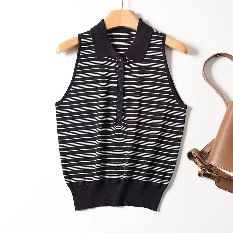 

Early autumn Korean Academy knitted retro contrasting striped lapel sleeveless vest knitted top Japanese style