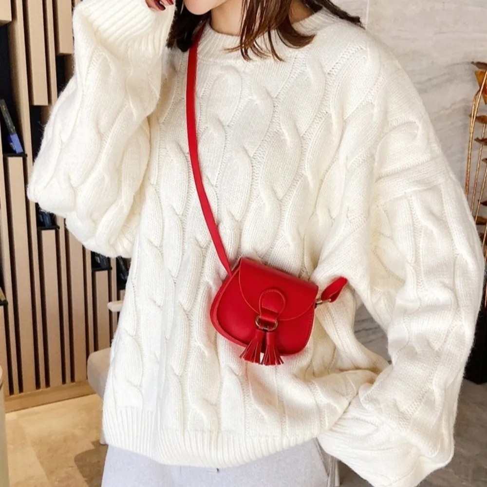 Korean Style Hook Design Mini Kids Bag Tassels Solid Color Princess Purse PU Leather Shoulder Sling Bag Children Girls