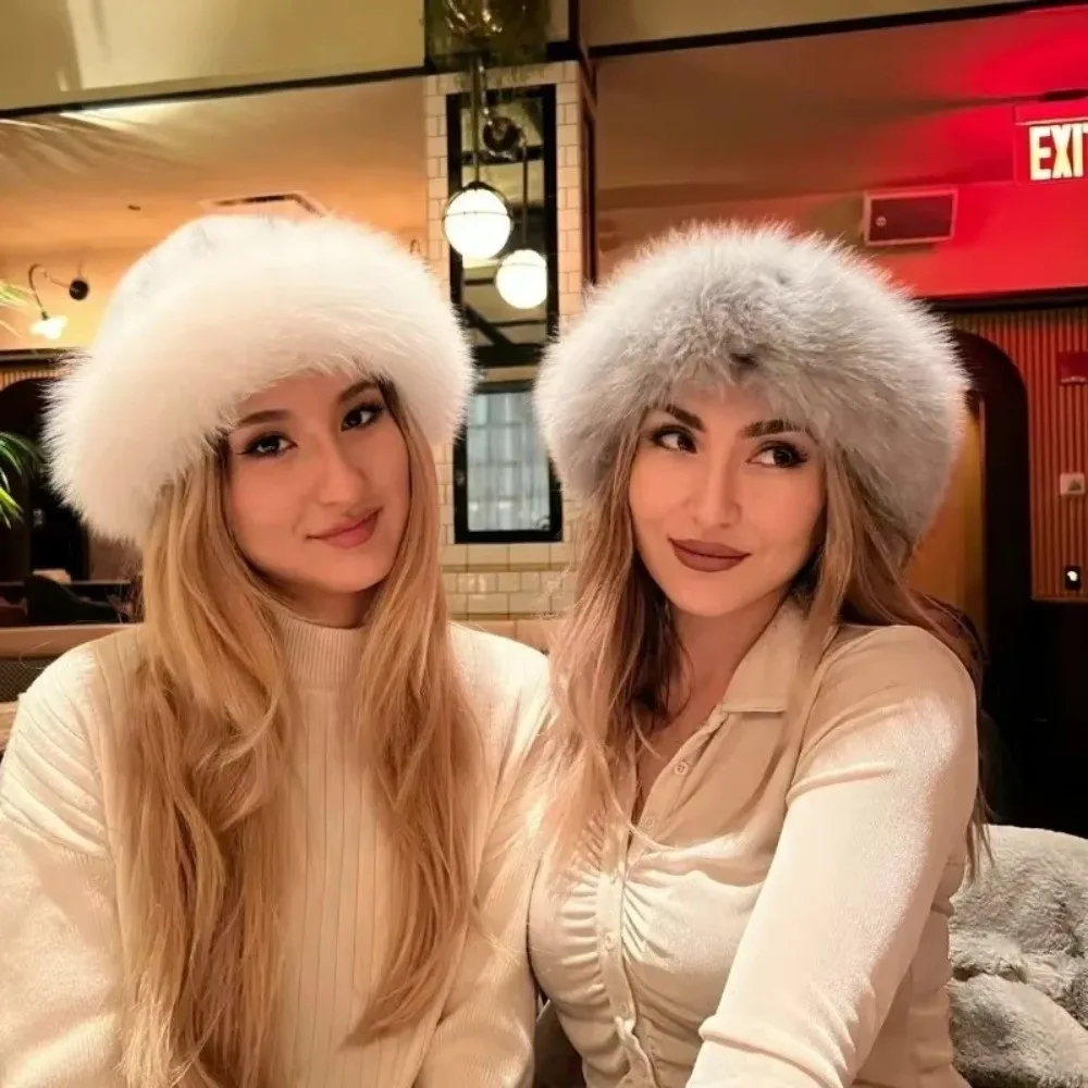New Fluffy Fur Winter Hat Plush Solid Color Fisherman Hat Thicken Cold Windproof Panama Cap for Women Girls