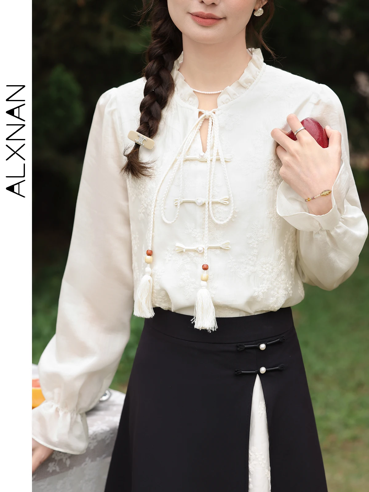 ALXNAN Chinese Style Long Sleeve Shirt Women 2024 Spring Autumn Ruffle Collar Button Down Blouse Embroidered Lace-up Tops L33558