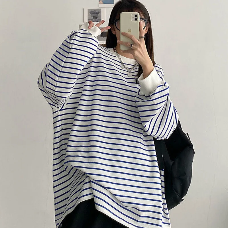 Spring Autumn Loose Striped Oversized T-shirt Long Sleeve O-Neck Plus Size Thin Youth Pullovers Top Casual Fashion Women Clothes