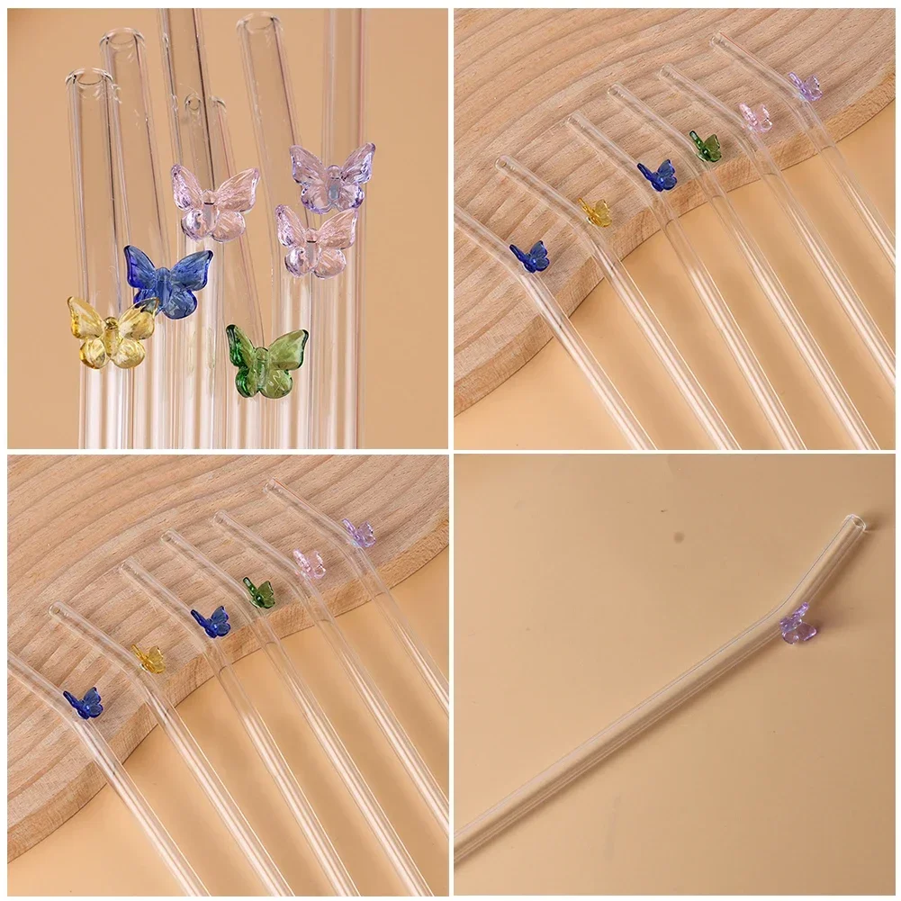 New Reusable Glass Straws with Butterfly Eco Friendly Drinking Straws with Clean Brush for Smoothies Cocktails Bar