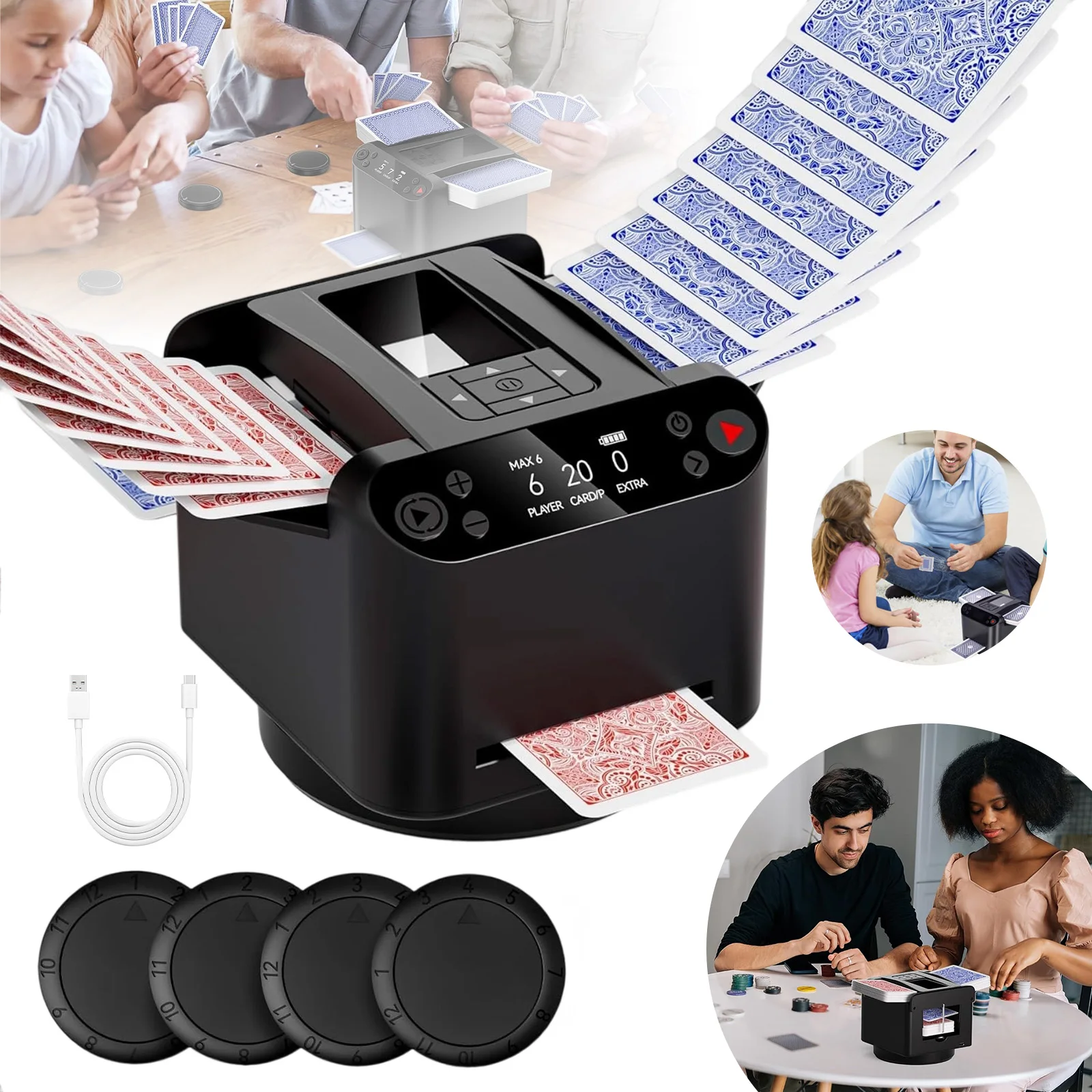 Mélangeur et distributeur de cartes automatique 2-en-1, 1 ensemble, 360 °   Base rotative, accessoire pratique pour les jeux de cartes de société comme UNO, Blackjack et Poker