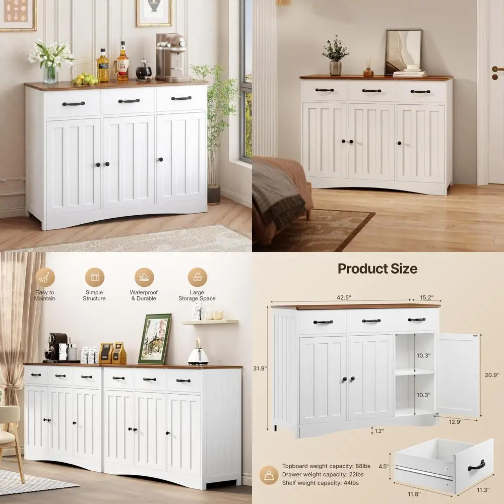 

42.5 Farmhouse Style Kitchen Sideboard with 3 Drawers and Barn Doors for Storage
