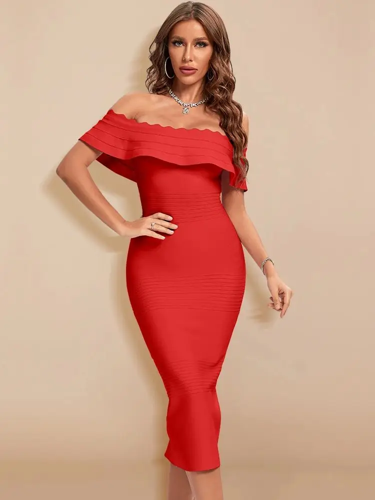 Ruffles Split Bodycon Dress 우아한 여성 럭셔리 레드 이브닝 웨딩 붕대 드레스 XL 연예인 Vestidos Party Maxi