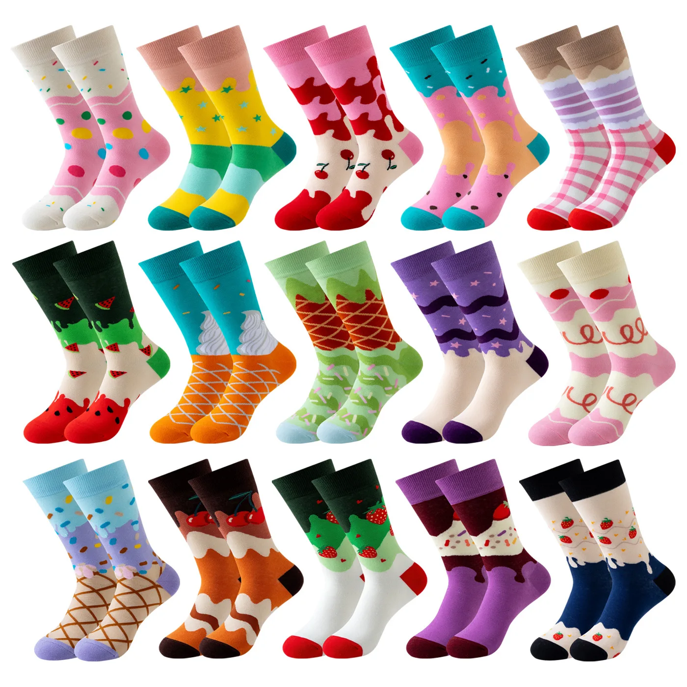 

New Women Socks 1 pair Cotton Ice Cream Rainbow Color Striped Printed Novelty Fashion Lady Spring Medium Tube Socks