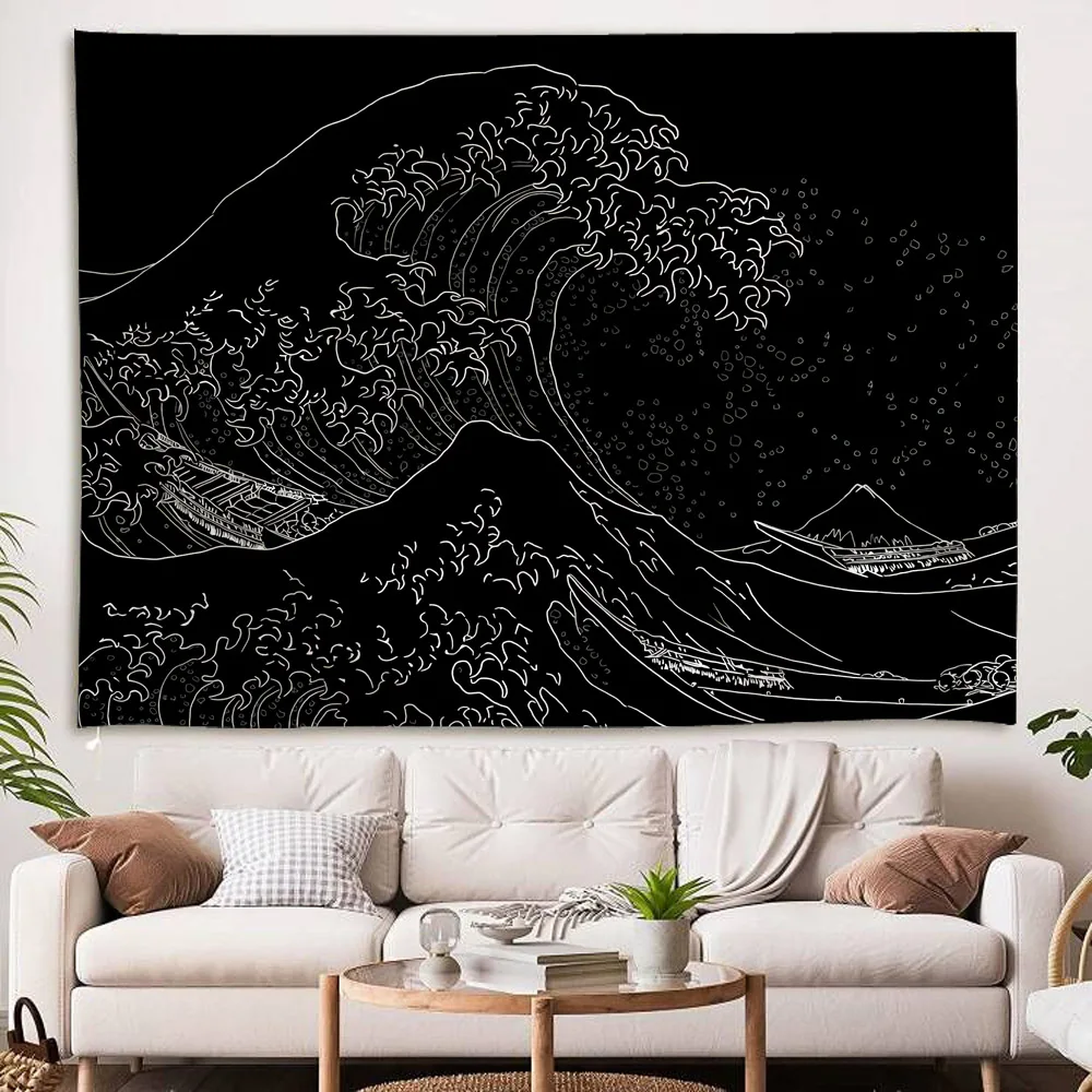 

Black Wave Tapestry Home Art Decoration Background Cloth Kanagawa Wave Wall Hanging Mandala Living Room Dormitory Tapestry